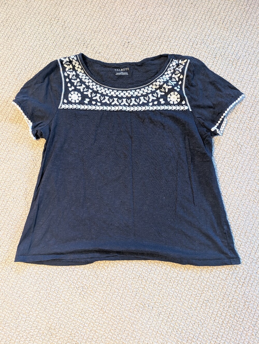 TALBOTS Womens Navy Blue w/ White Embroidery Short Sleeve 100% Cotton